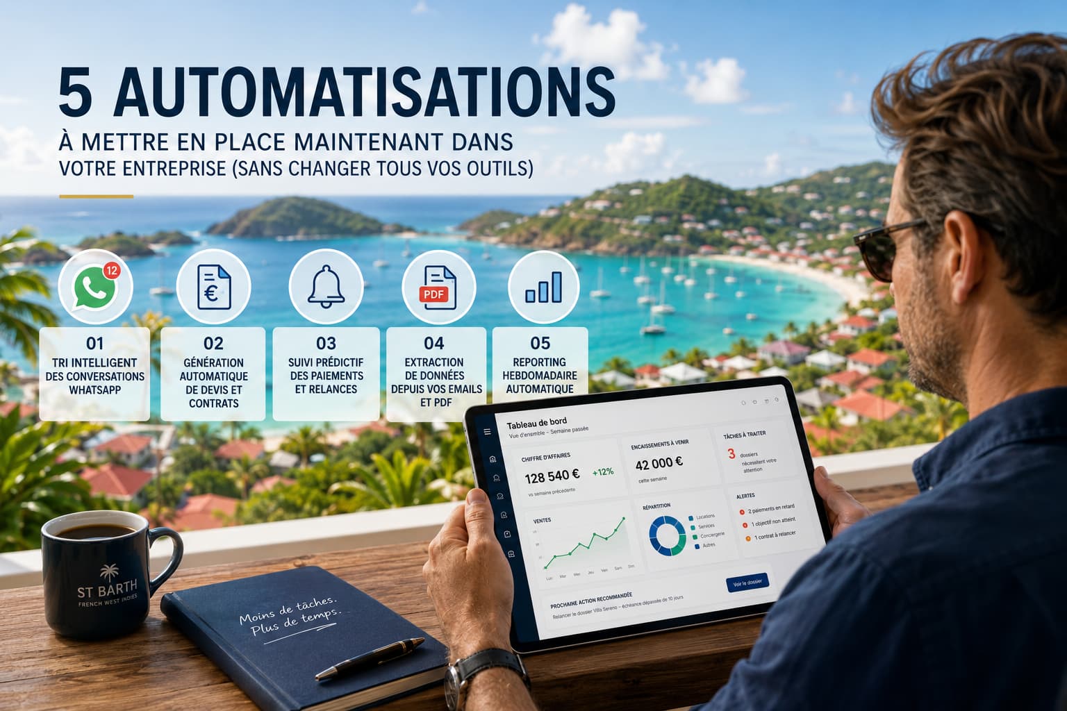 Dirigeant d entreprise consultant un tableau de bord d automatisation sur sa tablette avec vue sur la baie de Saint-Jean à Saint-Barthélemy