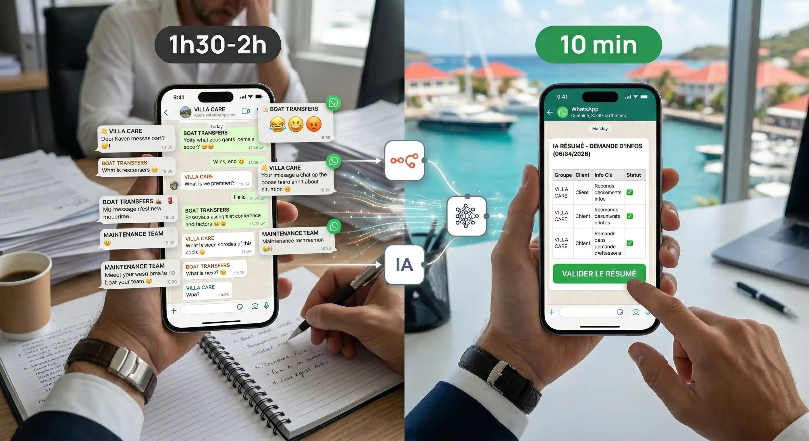 Comparaison avant et après : traitement manuel de messages WhatsApp en 1h30 contre un résumé automatisé par IA en 10 minutes sur smartphone à Saint-Barthélemy