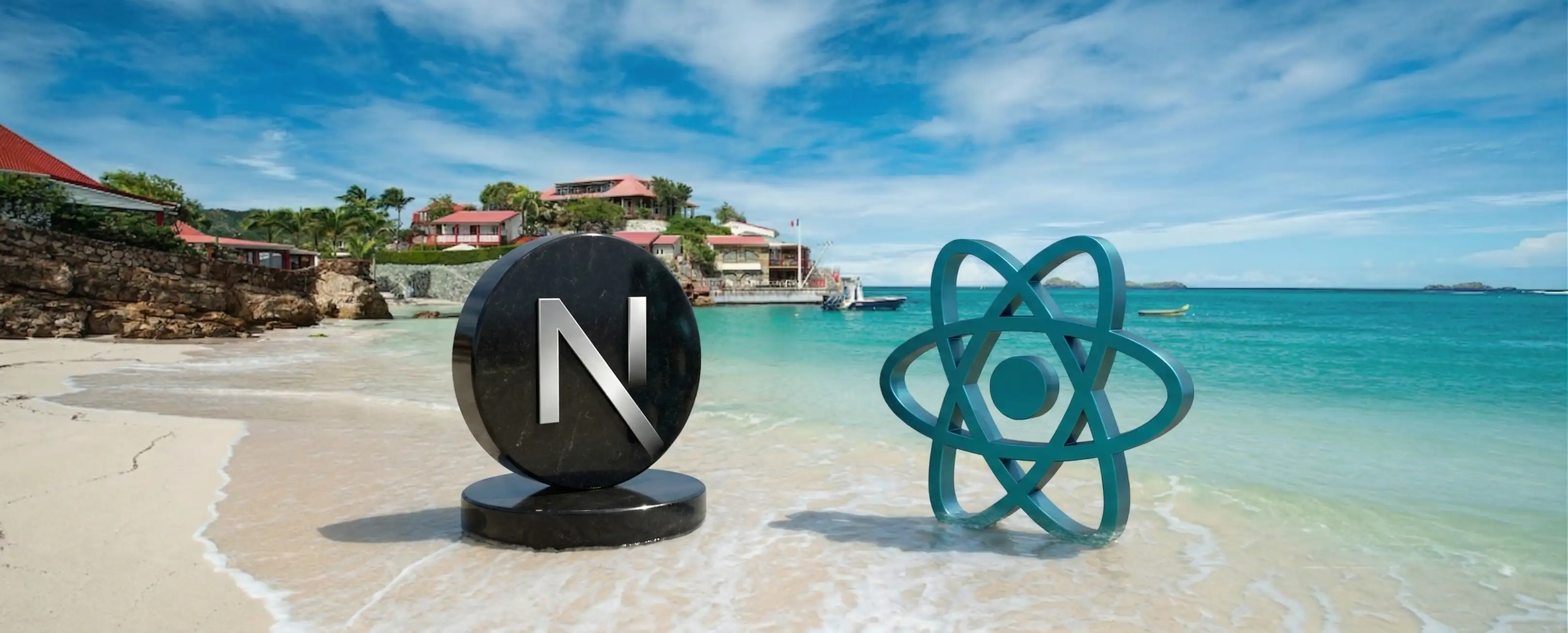 Logos Next.js et React posés sur une plage de Saint-Barthélemy avec vue sur la mer turquoise et un hotel en arrière-plan