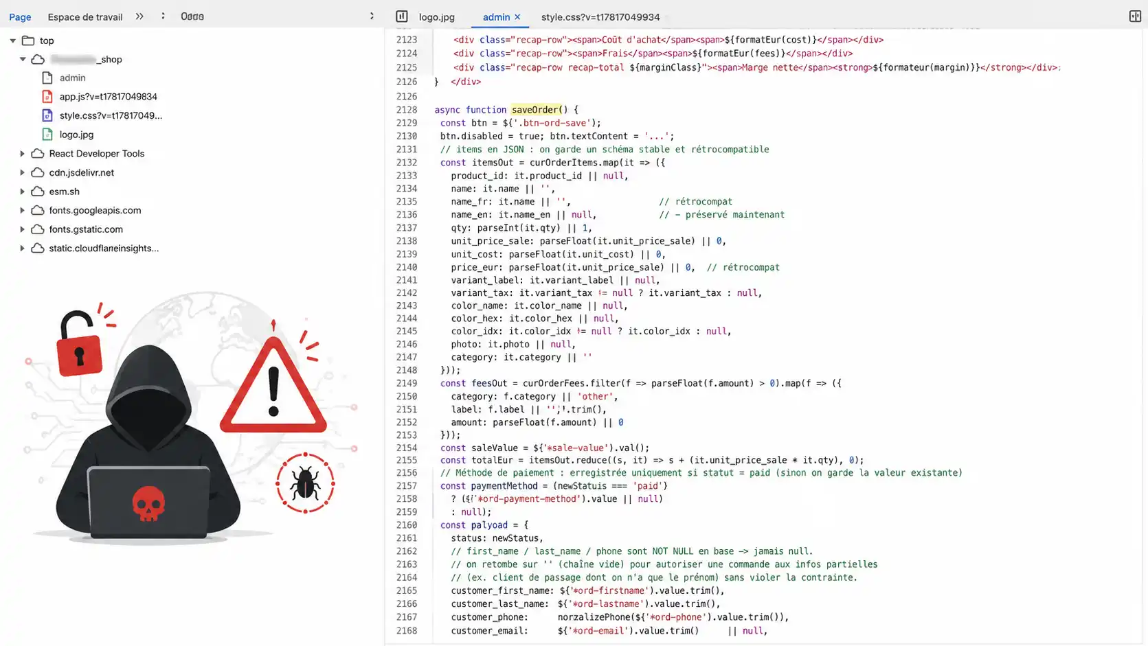 Illustration du code d'un site e-commerce créé avec l’IA et exposé à des failles de sécurité